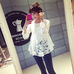西瓜乐乐 原创设计女装 2015秋季新款女装 日系甜美气质荷叶边镂空白色圆领长袖蕾丝衫 简单网www.j.cn
